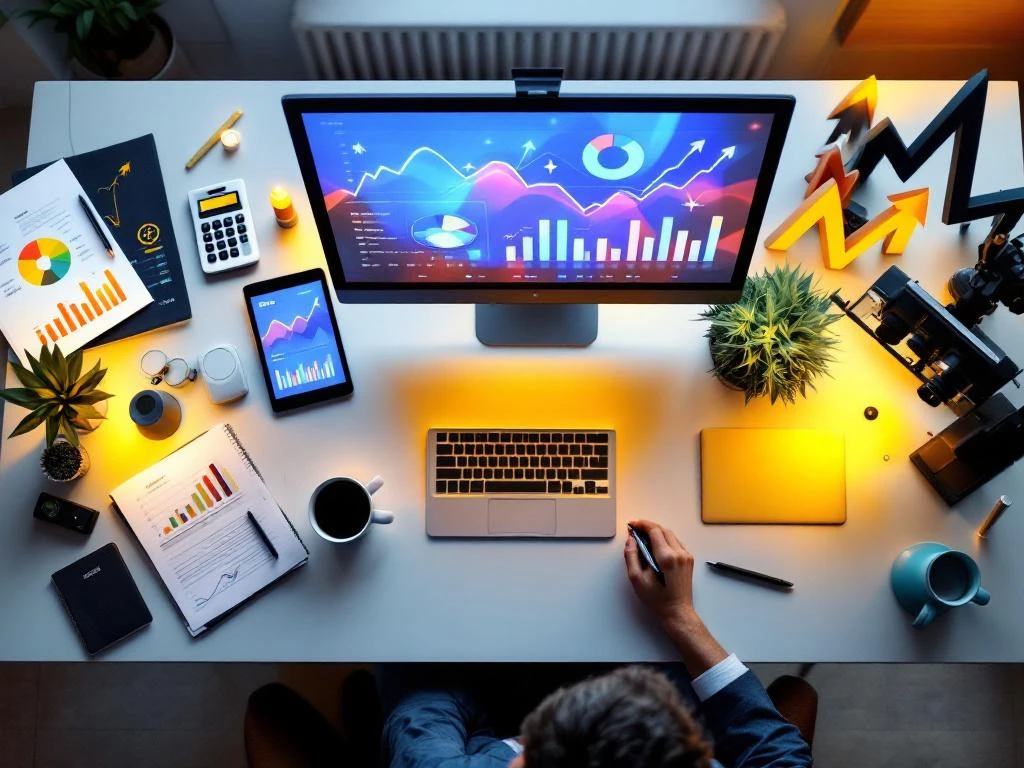 Bovenaanzicht moderne kantoorwerkplek met laptop en tablet die kleurrijke analytics dashboards met groeitrends tonen