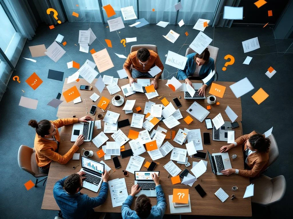 Kantoorvergaderruimte met vliegende documenten, communicatiesymbolen en apparaten die miscommunicatie illustreren