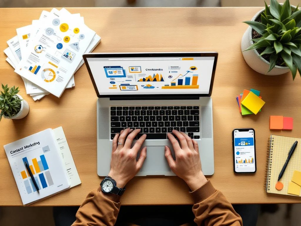 Handen typen op laptop met content marketing graphics, omringd door strategische planningsmateriaal en gele accenten