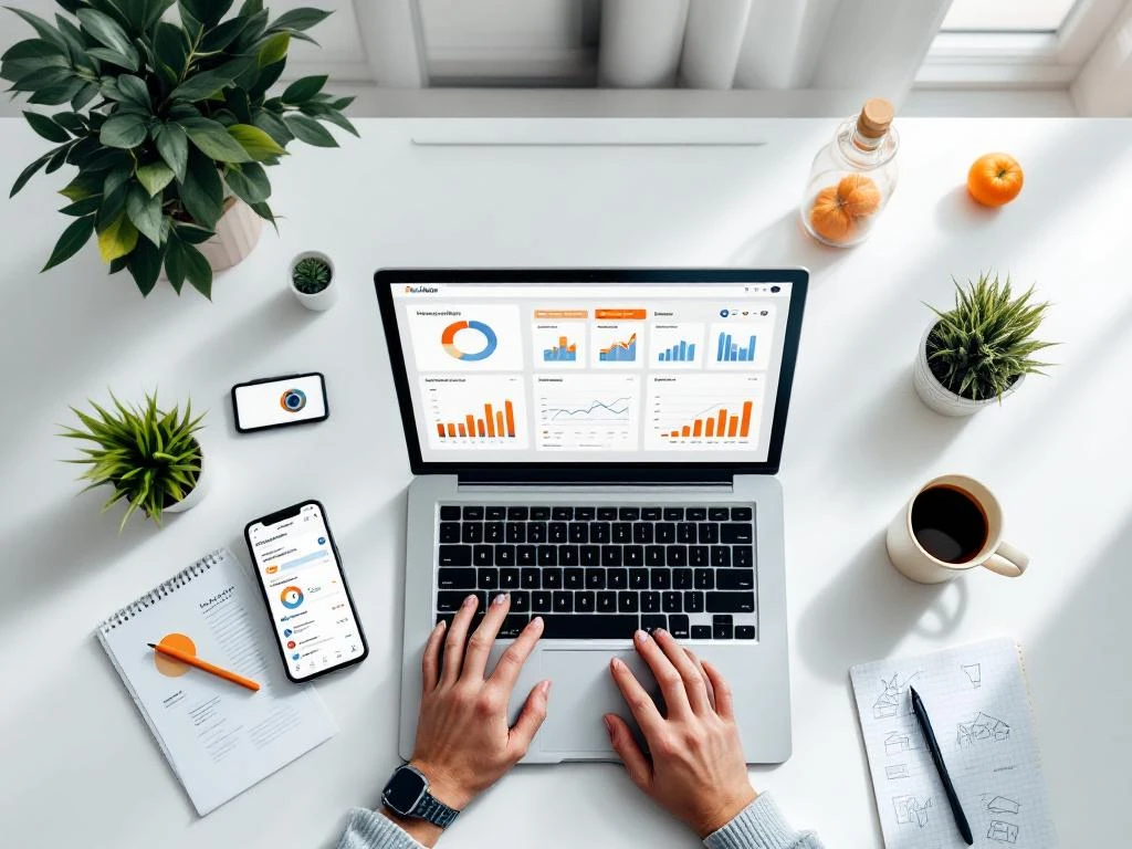 Laptop met digitale marketing analytics dashboards omringd door smartphone, rapporten en notitieblok op moderne werkplek