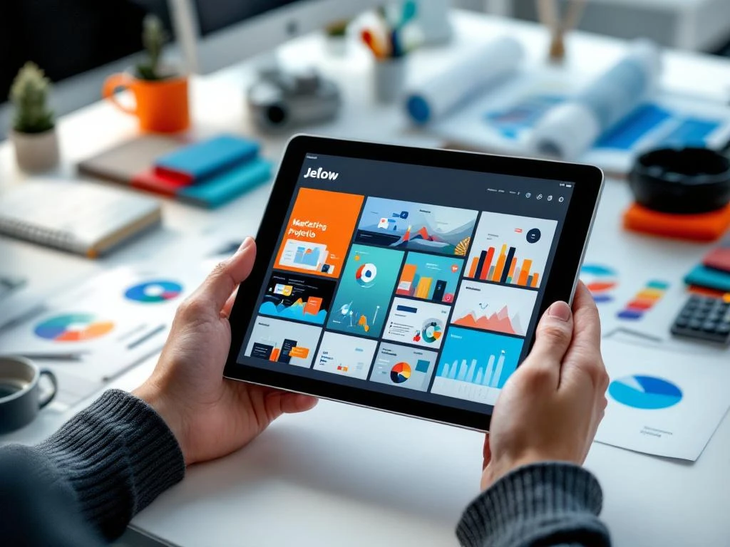 Handen houden tablet met professioneel portfolio van marketingprojecten, omringd door kleurenstalen en grafieken op bureau