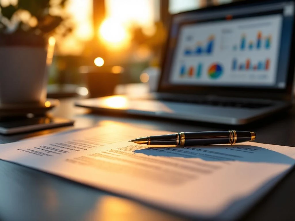 Professioneel contractdocument op bureau met laptop, vulpen en marketinggrafieken op achtergrond in gouden licht