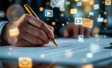 Handen ondertekenen juridisch contract met gouden vulpen, omringd door zwevende digitale marketing iconen in modern kantoor