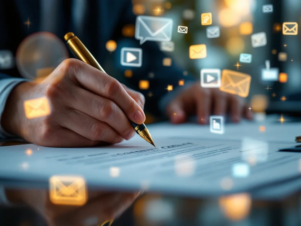 Handen ondertekenen juridisch contract met gouden vulpen, omringd door zwevende digitale marketing iconen in modern kantoor