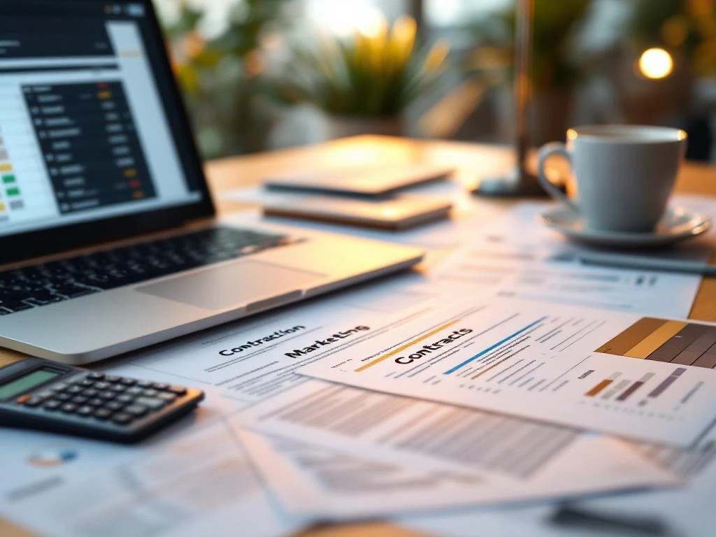 Professioneel bureau met marketingdocumenten, contracten, calculator en laptop met spreadsheet voor freelance werk