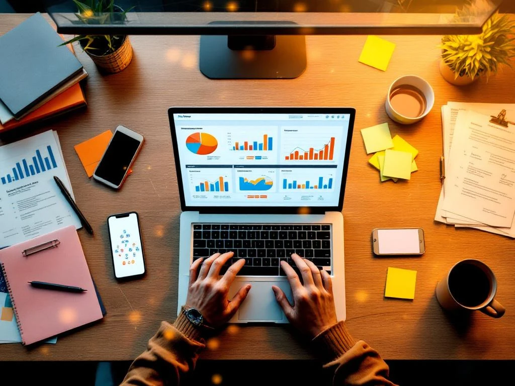 Handen typen op laptop met marketinggrafieken op scherm, omringd door kleurrijke notities en telefoon op bureau