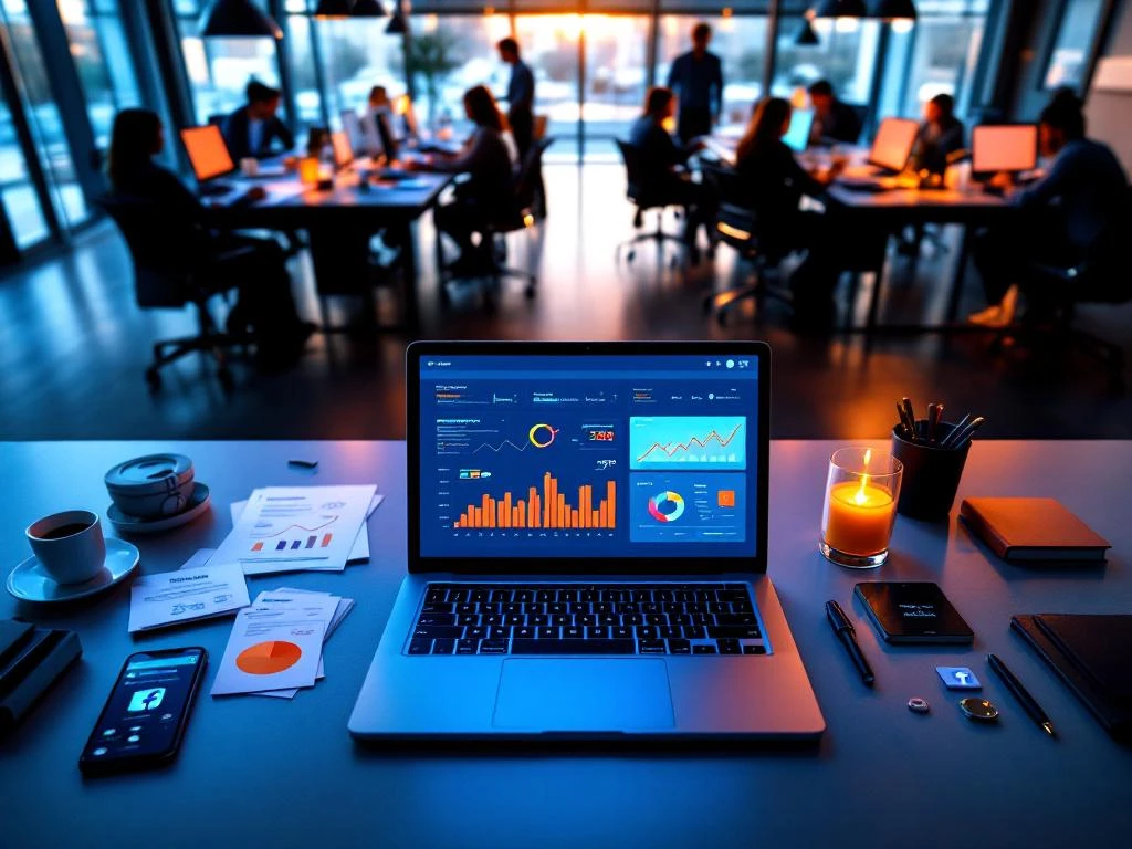 Laptop met kleurrijke marketing analytics dashboards op modern bureau, omringd door visitekaartjes en smartphone in kantoor