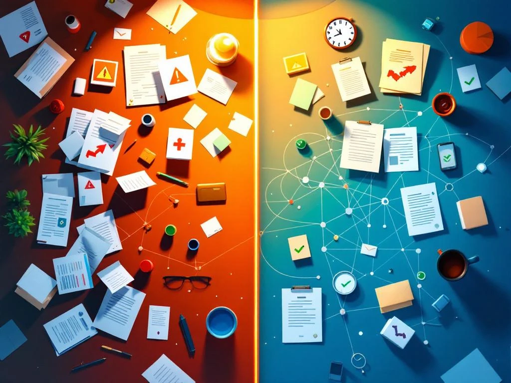 Split-screen vergelijking van chaotische versus georganiseerde freelancer werving met contracten en handdrukken
