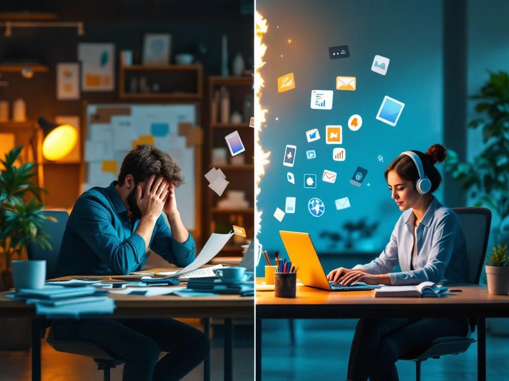Gestresste ondernemer aan rommelige bureau tegenover zelfverzekerde freelance marketeer met laptop en digitale marketing iconen