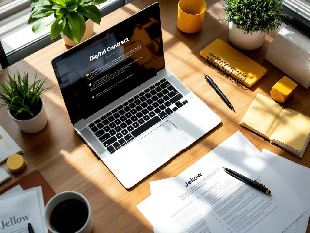 Laptop met digitaal contract op modern bureau met documenten, pen en gele accenten van bovenaf gefotografeerd
