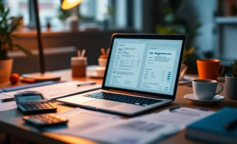 Laptop met belastingformulieren en btw-registratiedocumenten op bureau met calculator en Nederlandse belastingpapieren