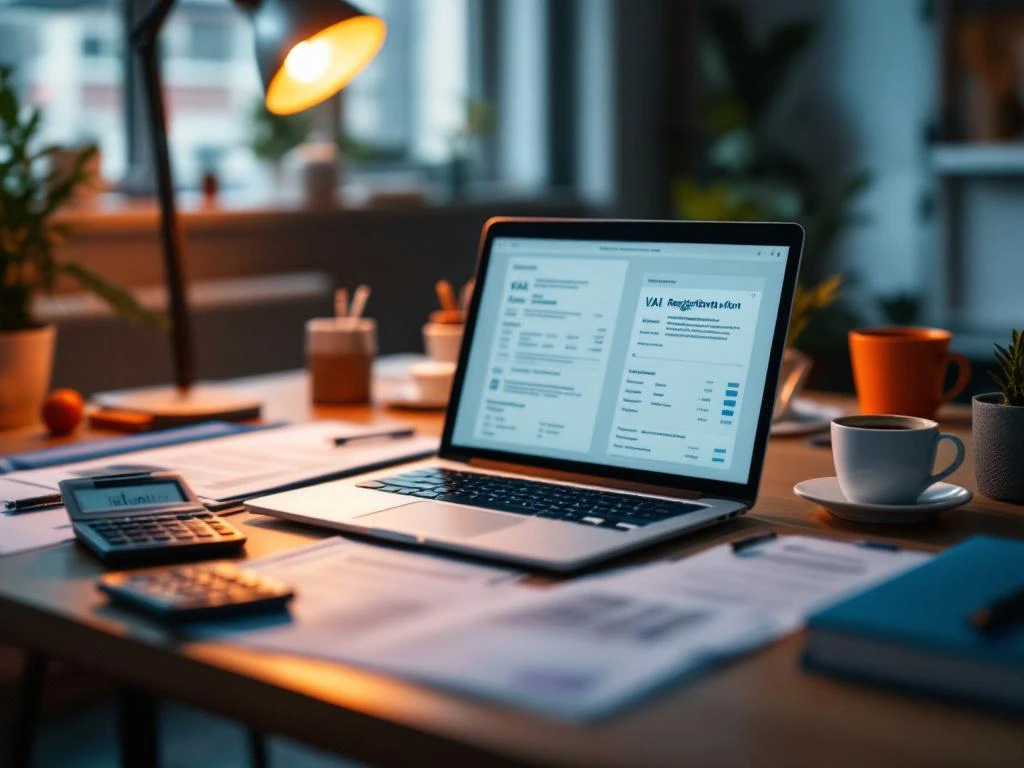 Laptop met belastingformulieren en btw-registratiedocumenten op bureau met calculator en Nederlandse belastingpapieren