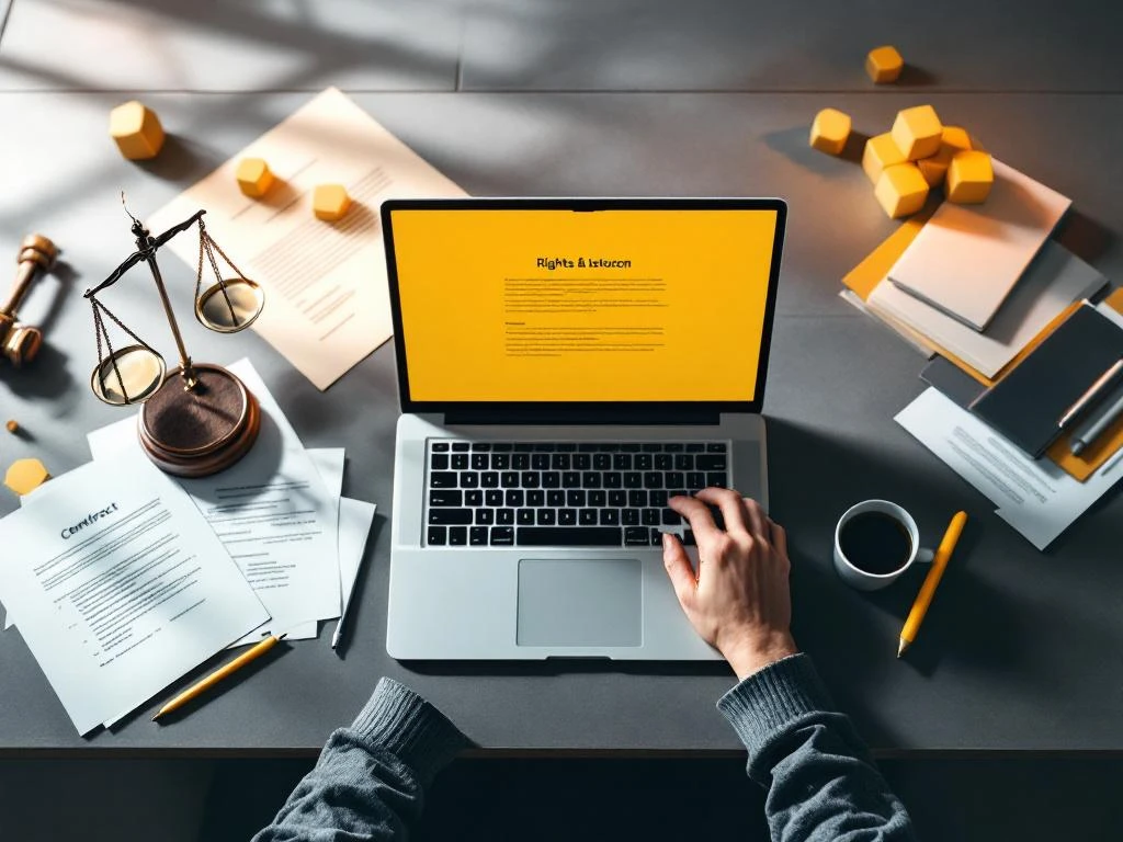 Professionele freelancer werkplek van bovenaf met laptop, juridische documenten, hamer en weegschaal op bureau