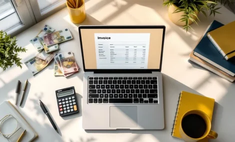 Freelancer werkplek van bovenaf met laptop, factuursjabloon, eurobiljetten, calculator en georganiseerde documenten