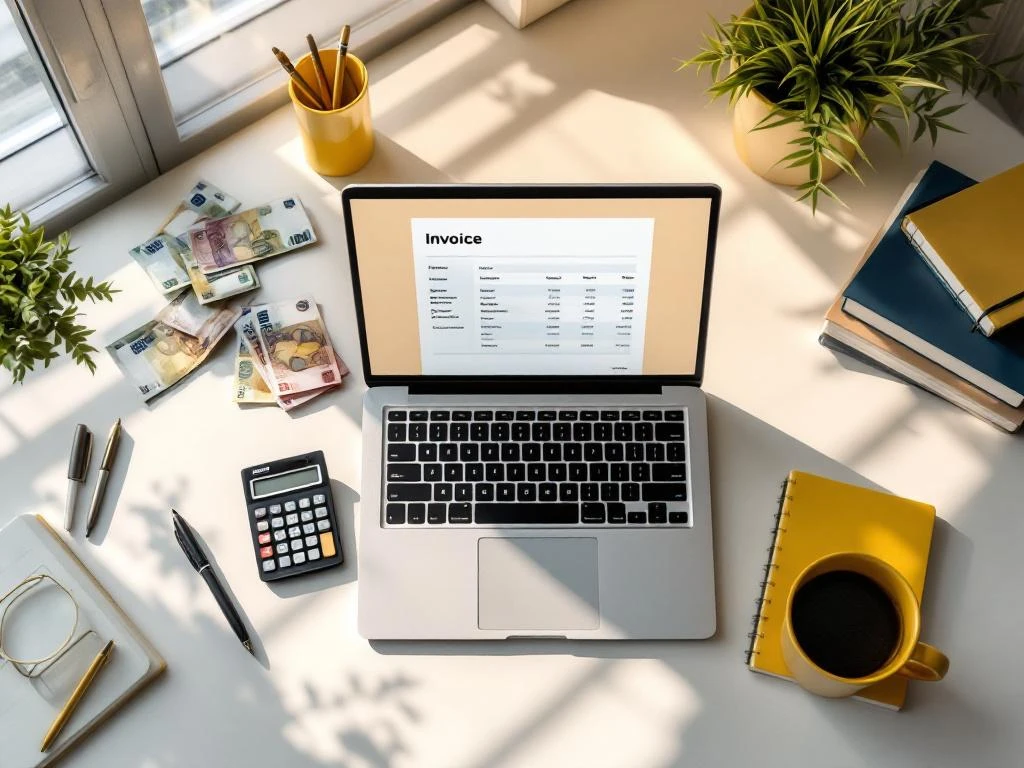 Freelancer werkplek van bovenaf met laptop, factuursjabloon, eurobiljetten, calculator en georganiseerde documenten