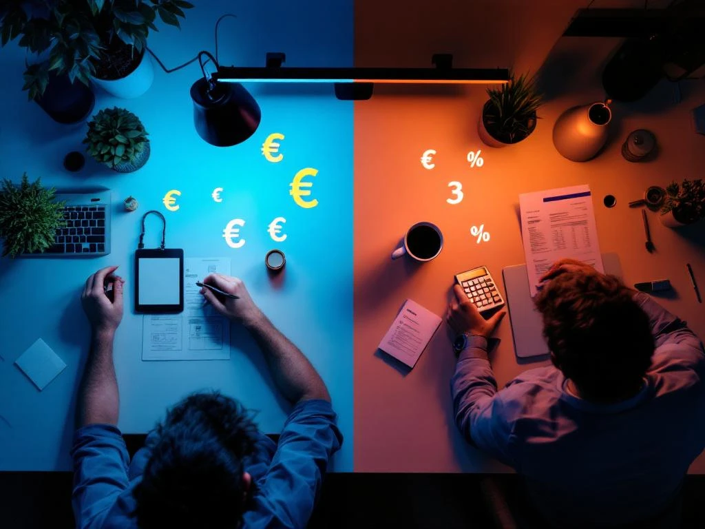 Gesplitst bureaubeeld toont werknemerskosten versus freelancer uitgaven met euro symbolen en percentage tekens ertussen