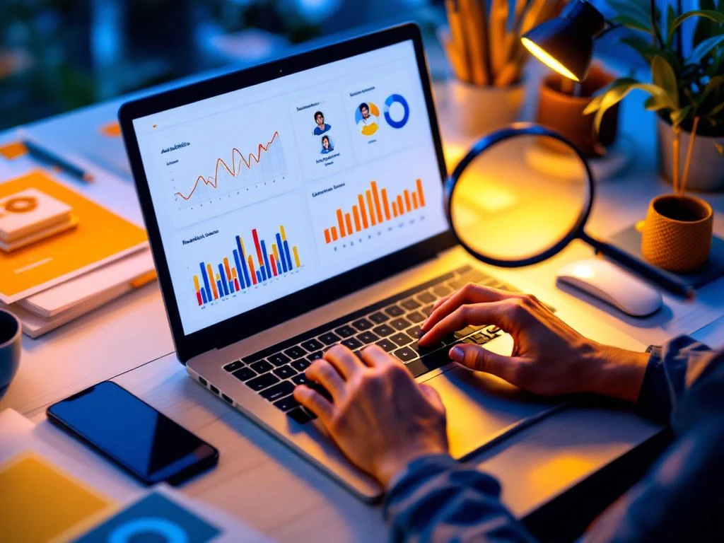 Handen typen op laptop met digitale marketing analytics, omringd door kleurrijke grafieken en smartphone met social media metrics
