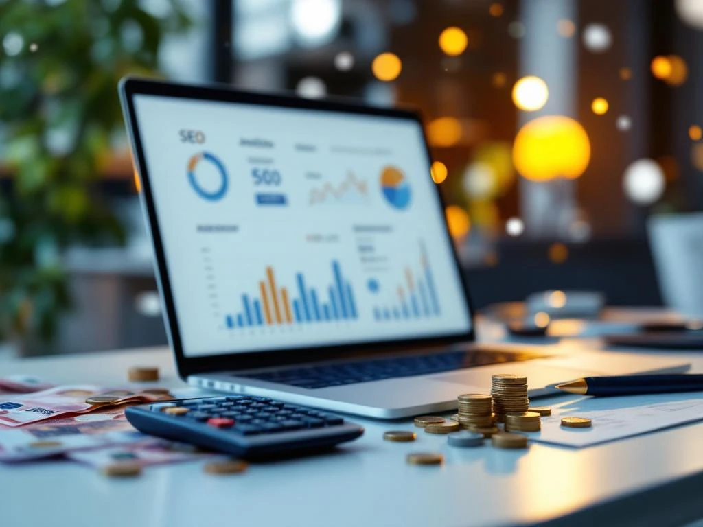 Laptop met SEO-analyses, calculator en Euro-bankbiljetten op moderne werkplek voor freelance SEO-diensten