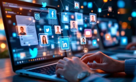 Moderne werkplek met laptops die sociale media interfaces tonen, handen typen terwijl holografische freelancer avatars verschijnen