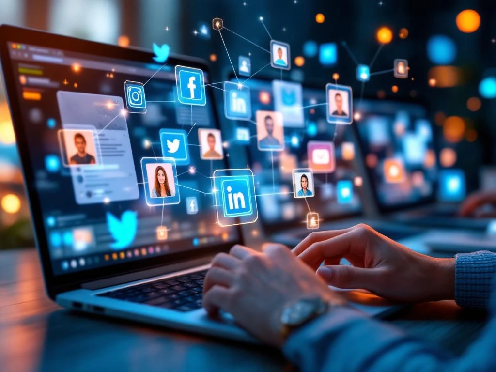 Moderne werkplek met laptops die sociale media interfaces tonen, handen typen terwijl holografische freelancer avatars verschijnen