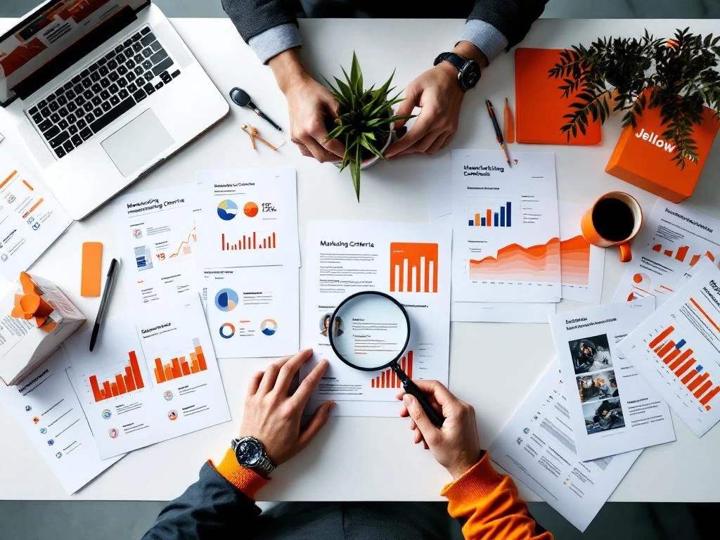 Handen bekijken marketingportefeuilles en cv's op bureau met laptop, vergrootglas en prestatiegrafieken voor freelancer selectie