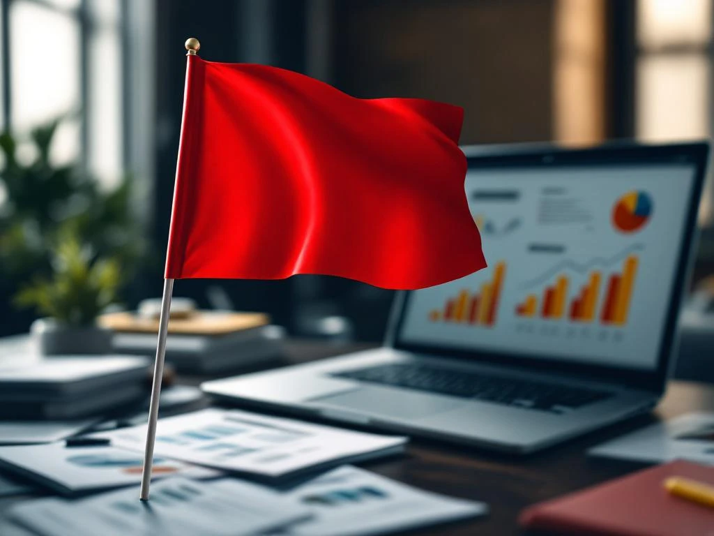 Rode waarschuwingsvlag voor laptop met marketinggrafieken, HR tech documenten op achtergrond
