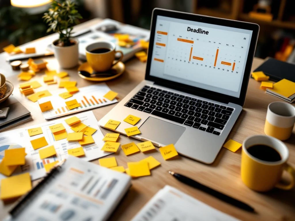 Professioneel bureau met kalender met deadlines, marketinggrafieken, laptop met projectsoftware en gele notities