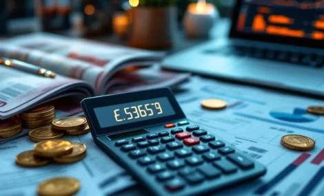 Calculator met kostenberekening op bureau met marketingdocumenten, euro's, grafieken en laptop met projectmanagement