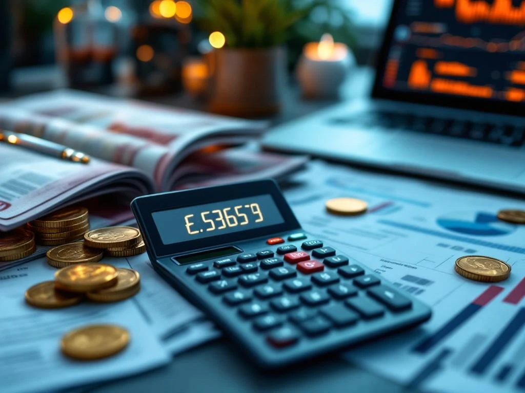 Calculator met kostenberekening op bureau met marketingdocumenten, euro's, grafieken en laptop met projectmanagement