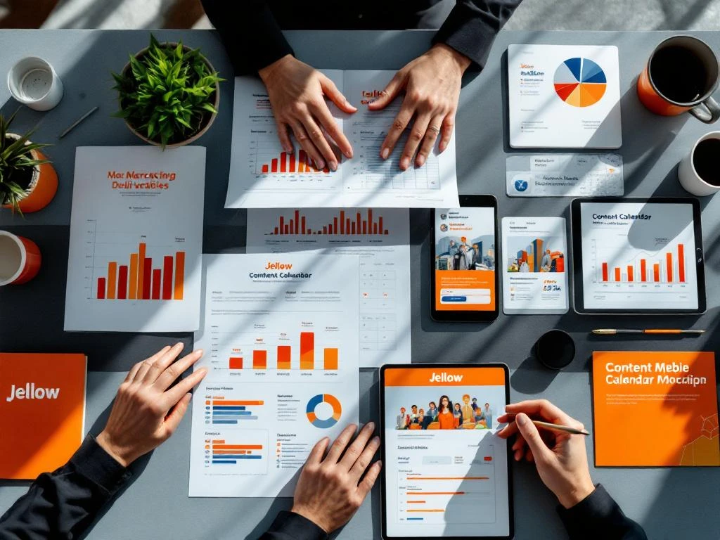 Moderne bureaudesktop met georganiseerde marketingmaterialen, rapporten en tablets met sociale media mockups