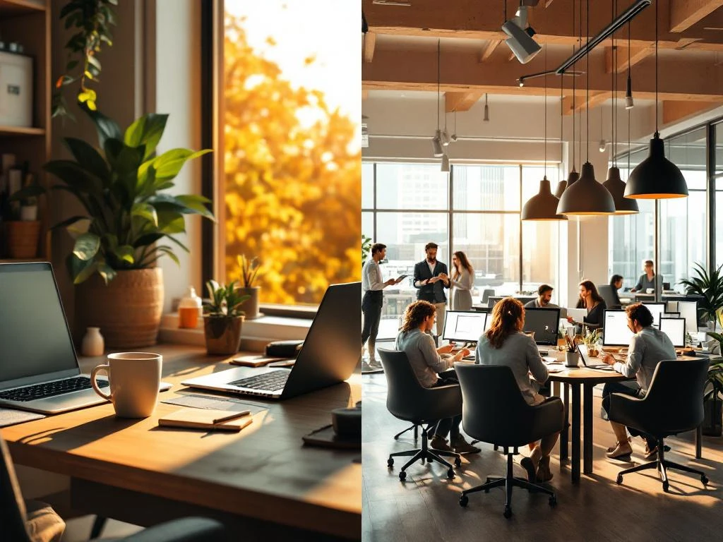 Split-screen vergelijking van freelancer thuiskantoor met laptop en koffie versus druk bedrijfskantoor met teams