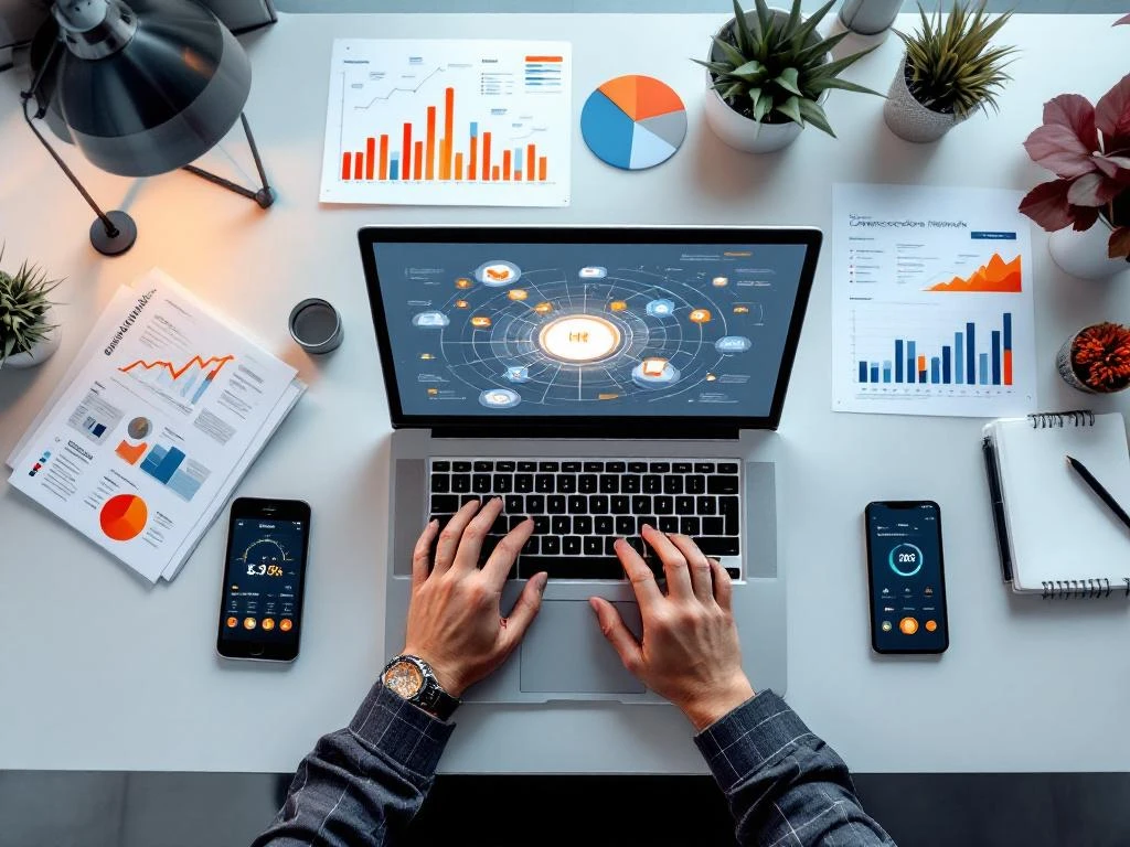 Bovenaanzicht van moderne bureau met laptop die digitaal netwerkinterface toont, omringd door marketinggrafieken