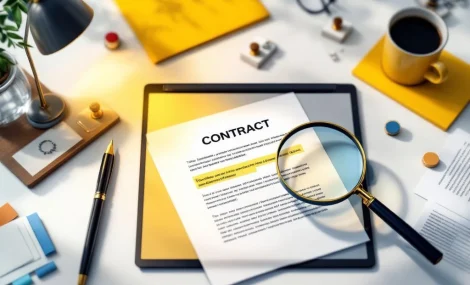 Laptop met digitaal contract op bureau, omgeven door juridische documenten, pen en vergrootglas voor freelance overeenkomsten
