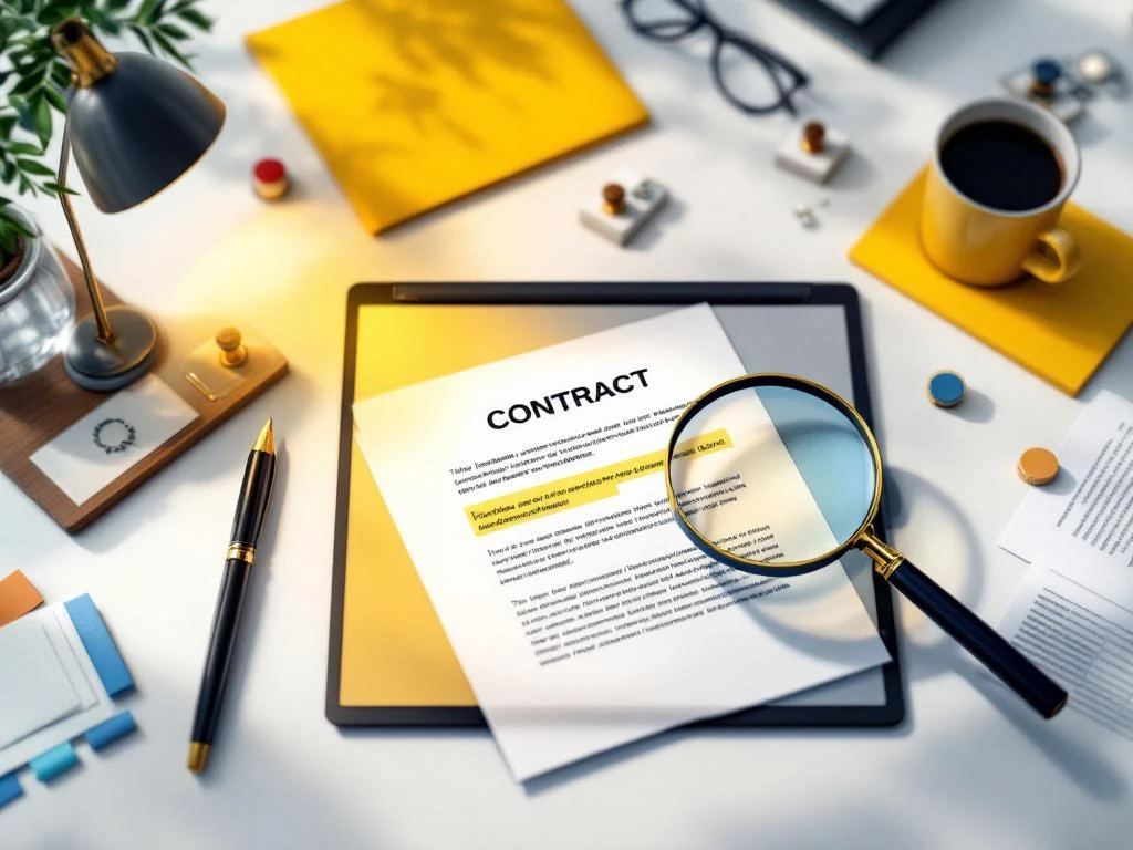 Laptop met digitaal contract op bureau, omgeven door juridische documenten, pen en vergrootglas voor freelance overeenkomsten