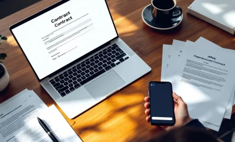 Professionele werkplek met laptop met digitaal contract, zakelijke documenten, pen en smartphone met Jellow platform