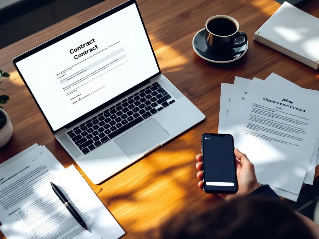 Professionele werkplek met laptop met digitaal contract, zakelijke documenten, pen en smartphone met Jellow platform