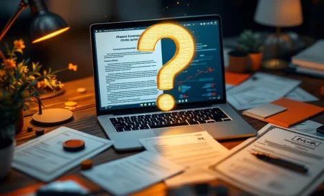 Freelancer werkplek met laptop, overheidsdocumenten en gouden vraagteken boven bedrijfsregistratie papieren