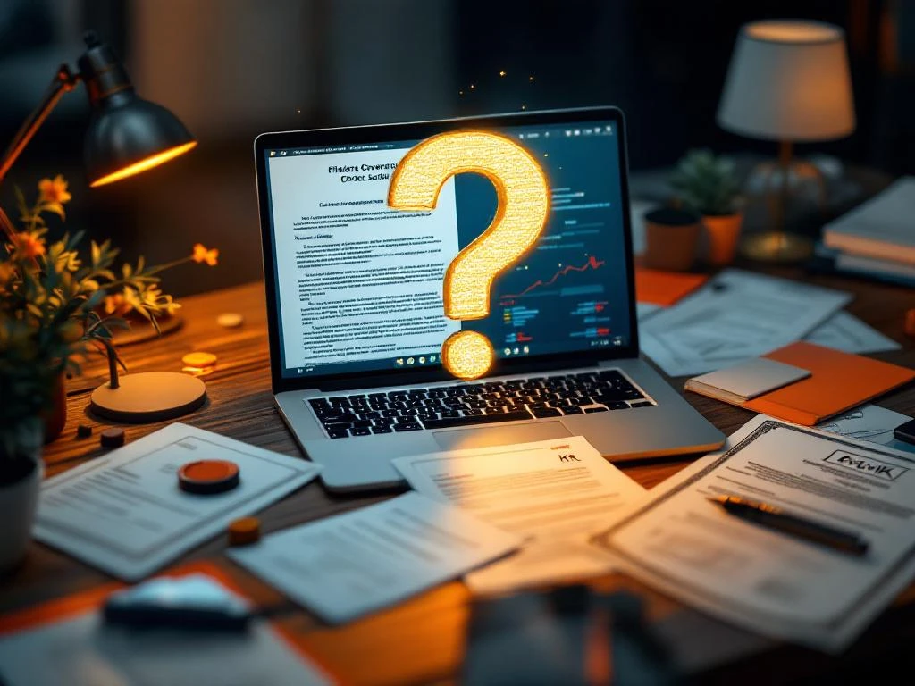 Freelancer werkplek met laptop, overheidsdocumenten en gouden vraagteken boven bedrijfsregistratie papieren