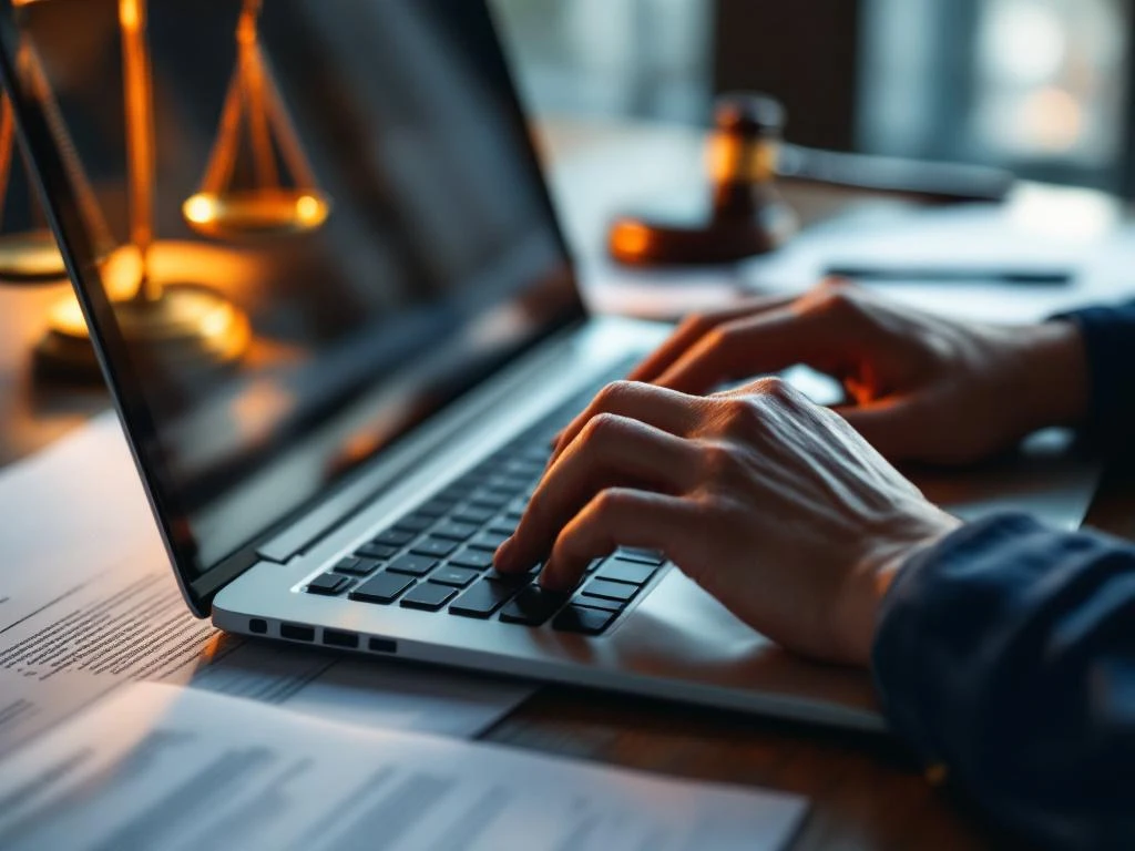 Handen typen op laptop toetsenbord met juridische documenten, hamer en weegschaal op professionele werkplek