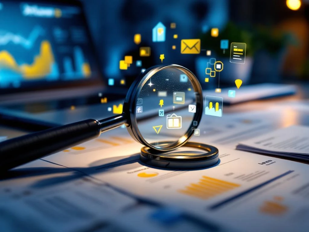 Vergrootglas over cv-documenten op bureau met digitale marketing iconen in geel en blauw, laptop toont analytics