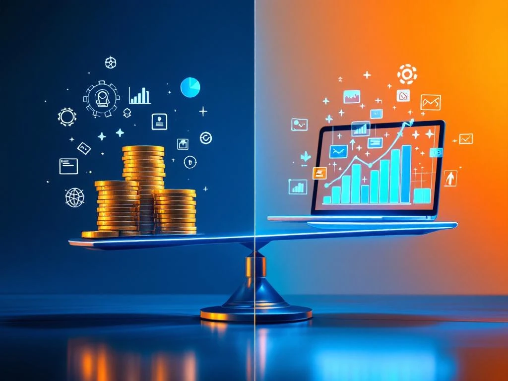Weegschaal met gouden munten en laptop met marketinggrafieken, omringd door analytics-iconen op blauwe achtergrond