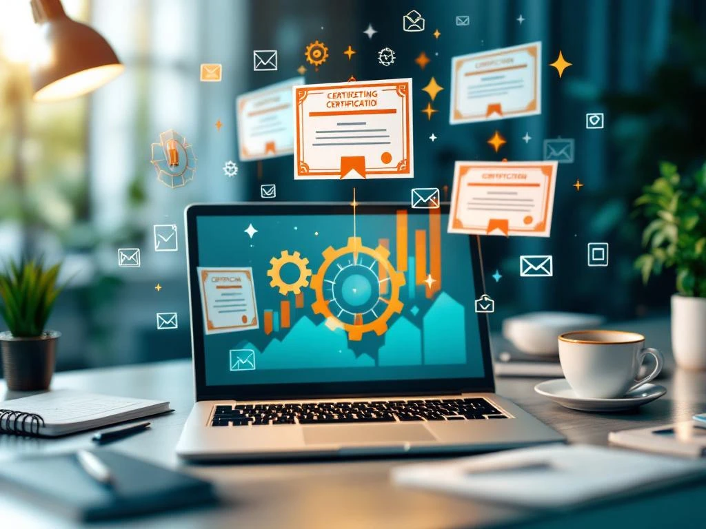 Digitale certificaten en badges zweven boven laptop op professioneel bureau met marketing automatisering iconen