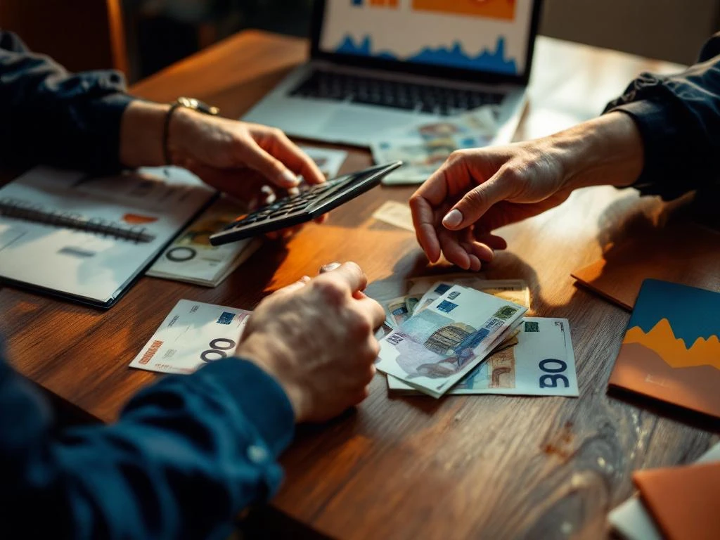 Zakelijke onderhandeling met handen, rekenmachine, euro bankbiljetten en laptop met financiële grafieken op houten tafel