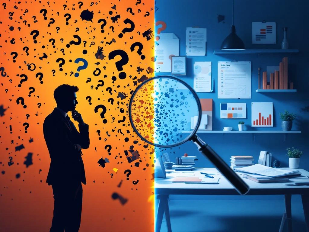 Zakenman in chaos versus georganiseerde merkrichtlijnen werkruimte, verbonden door vergrootglas in oranje-blauw kleurenschema