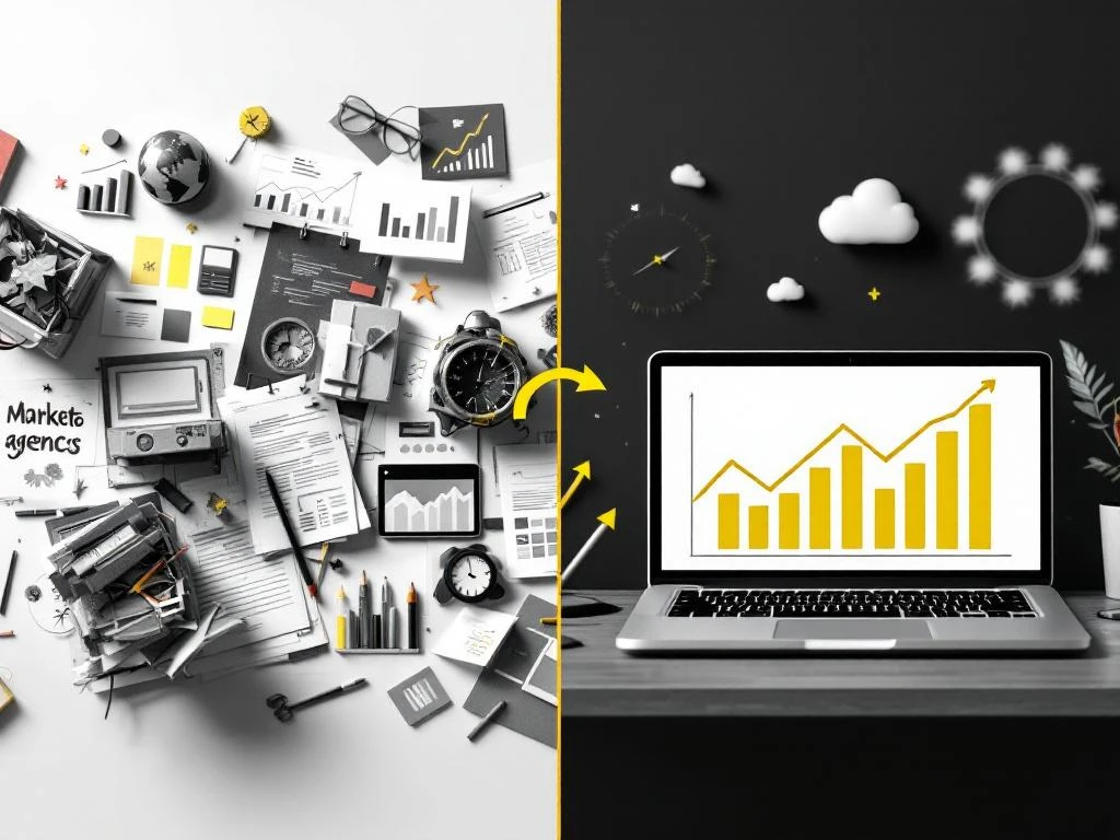 Vergelijking van rommelig bureau met dalende grafieken versus moderne werkplek met stijgende analytics en groei-indicatoren