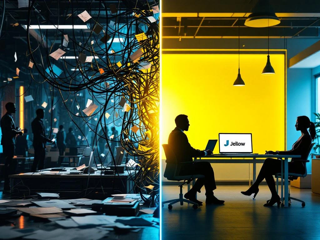 Split-screen vergelijking: chaotische kantooromgeving met verwarde communicatie versus gestroomlijnde werkplek met directe verbinding