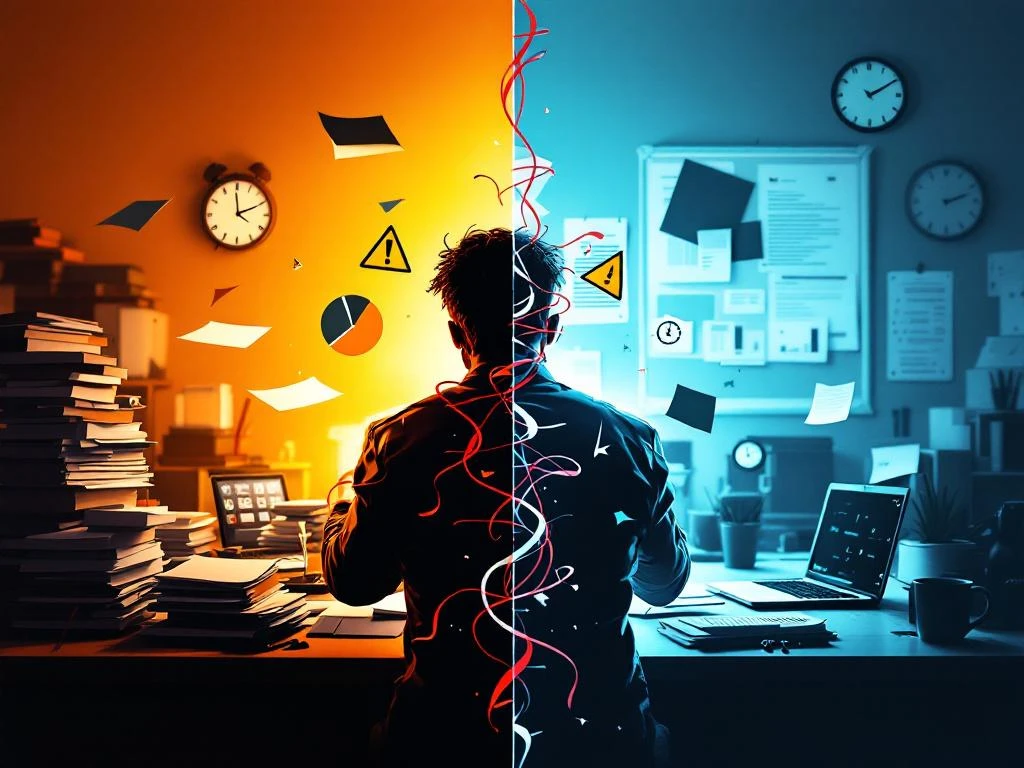 Gefrustreerde zakenman aan rommelig bureau versus georganiseerde freelancer werkplek met laptop en efficiënte documenten