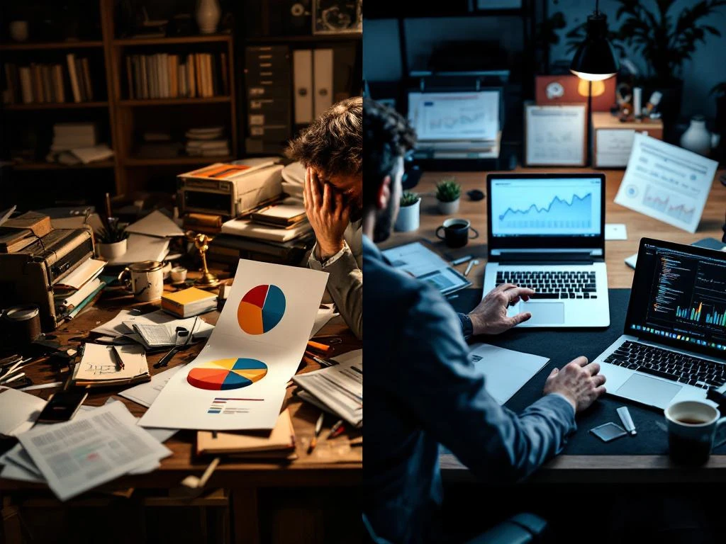 Gesplitst scherm toont contrast tussen verouderde marketingbureau en moderne freelancer met laptop en data-analyse