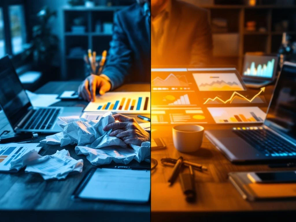 Gefrustreerde zakelijke handen verfrommelen marketingrapporten naast heldere digitale analytics dashboards met stijgende grafieken