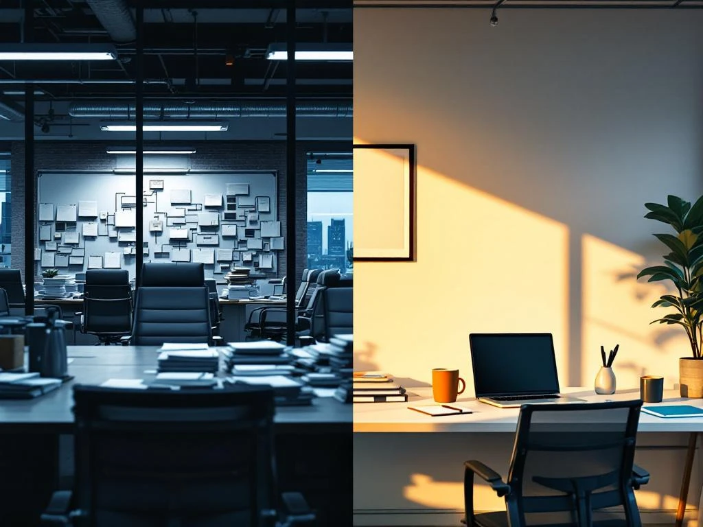Gesplitst kantoorbeeld: rommelige vergaderruimte met lege stoelen links, opgeruimde werkplek met laptop rechts